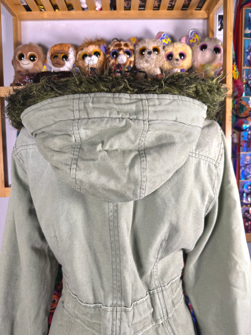 y2k vintage sage green fitted button up parka jacket with faux fur trim hood and cinch waist