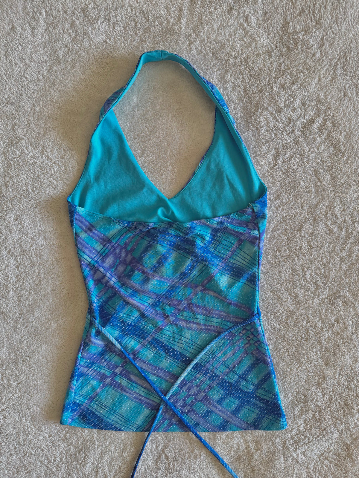 y2k vintage aqua blue fitted halterneck tie back top with glittery shimmer throughout