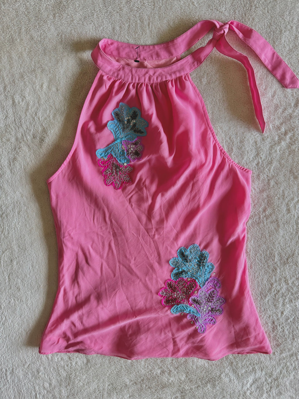 y2k vintage pink fitted sleeveless vest top with floral embroidery