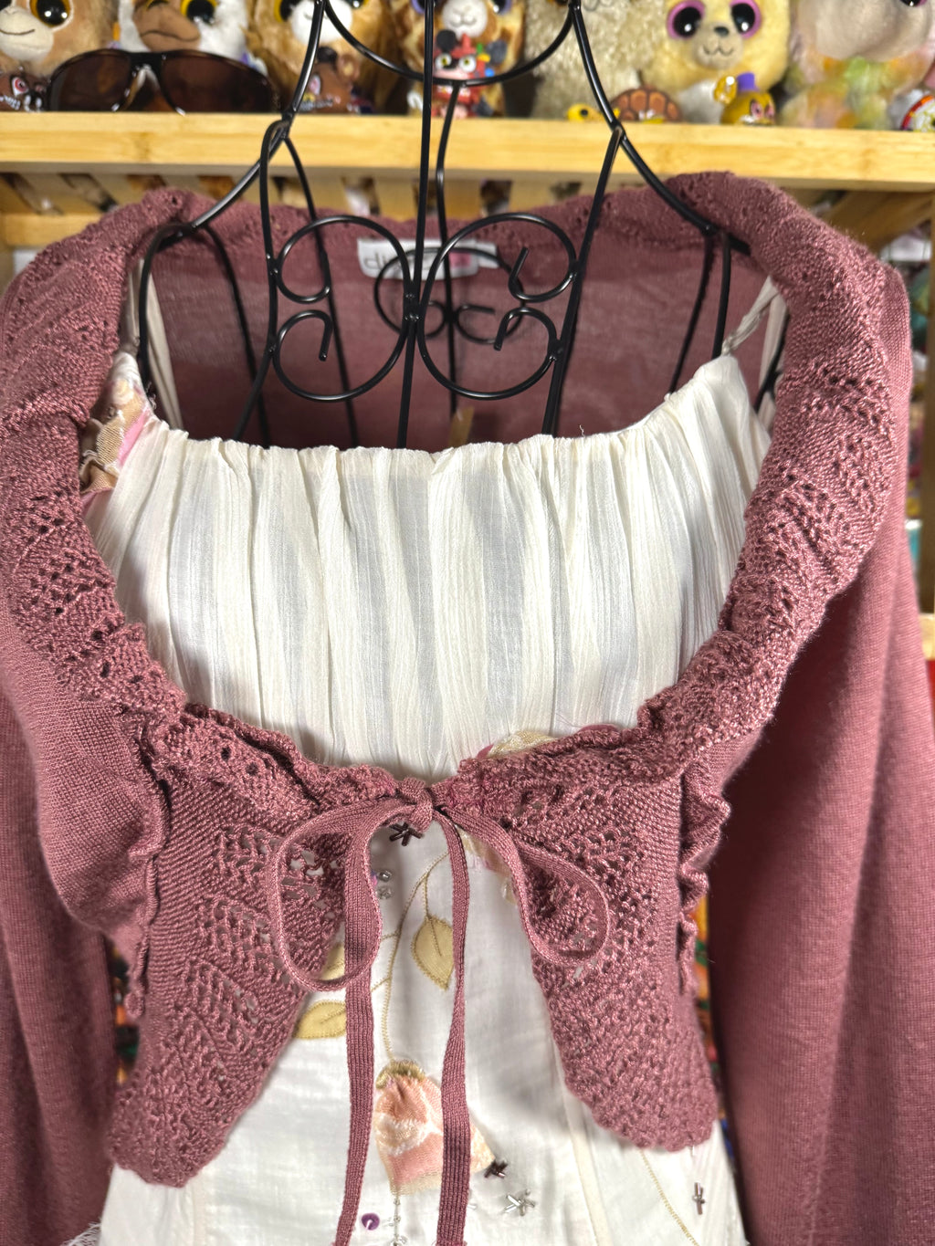 y2k vintage dusty pink fitted cropped tie front flared sleeve cardigan
