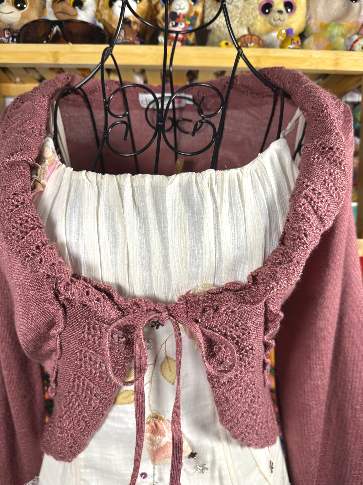 y2k vintage dusty pink fitted cropped tie front flared sleeve cardigan