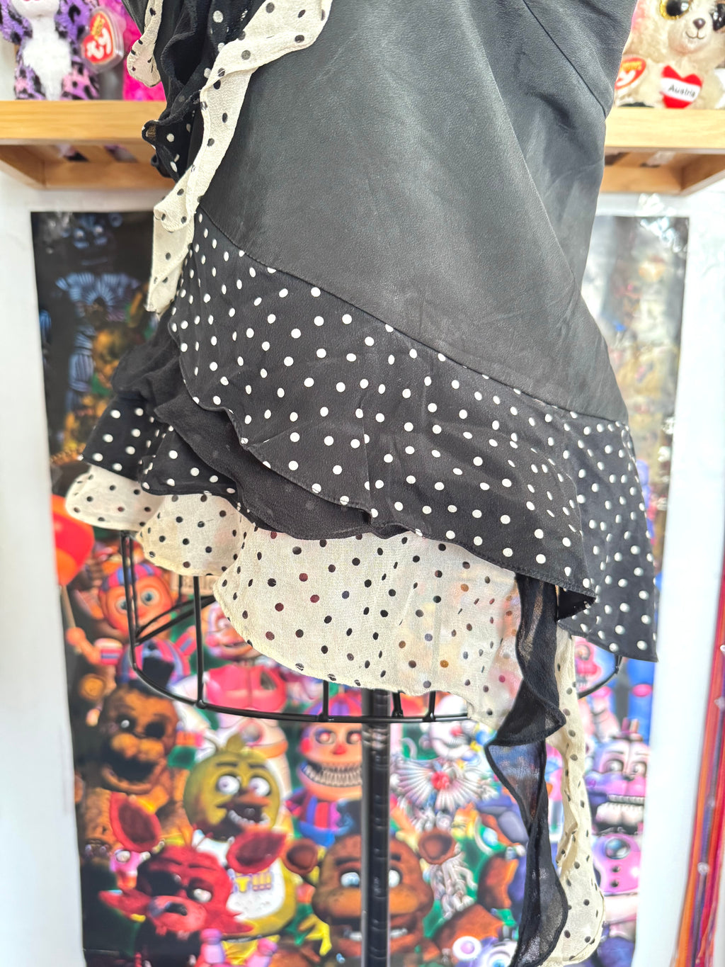 y2k vintage black and cream silk polkadot fitted asymmetrical cami top