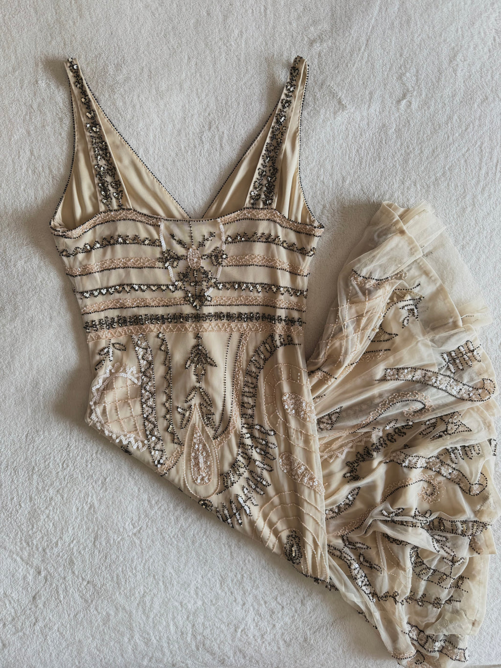 y2k vintage incredible heavily beaded beige midaxi dress 20’s gatsby style