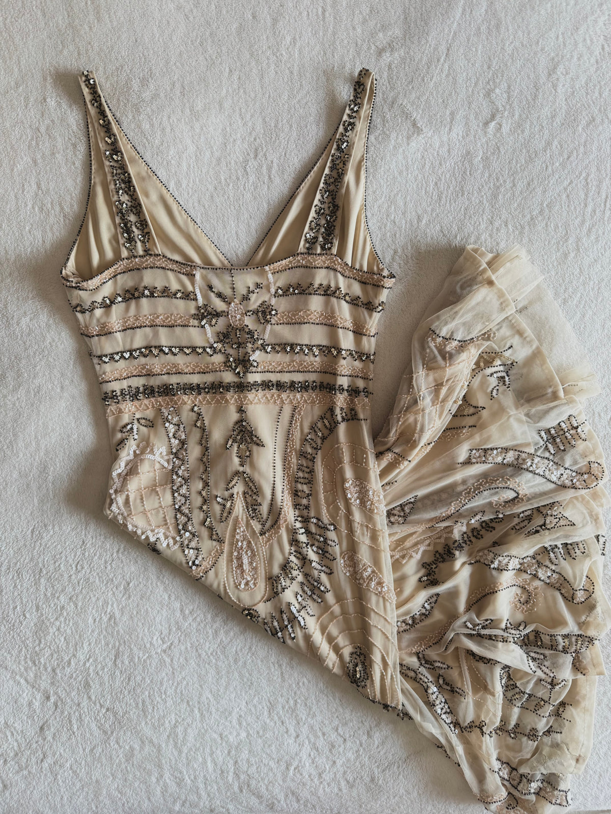 y2k vintage incredible heavily beaded beige midaxi dress 20’s gatsby style