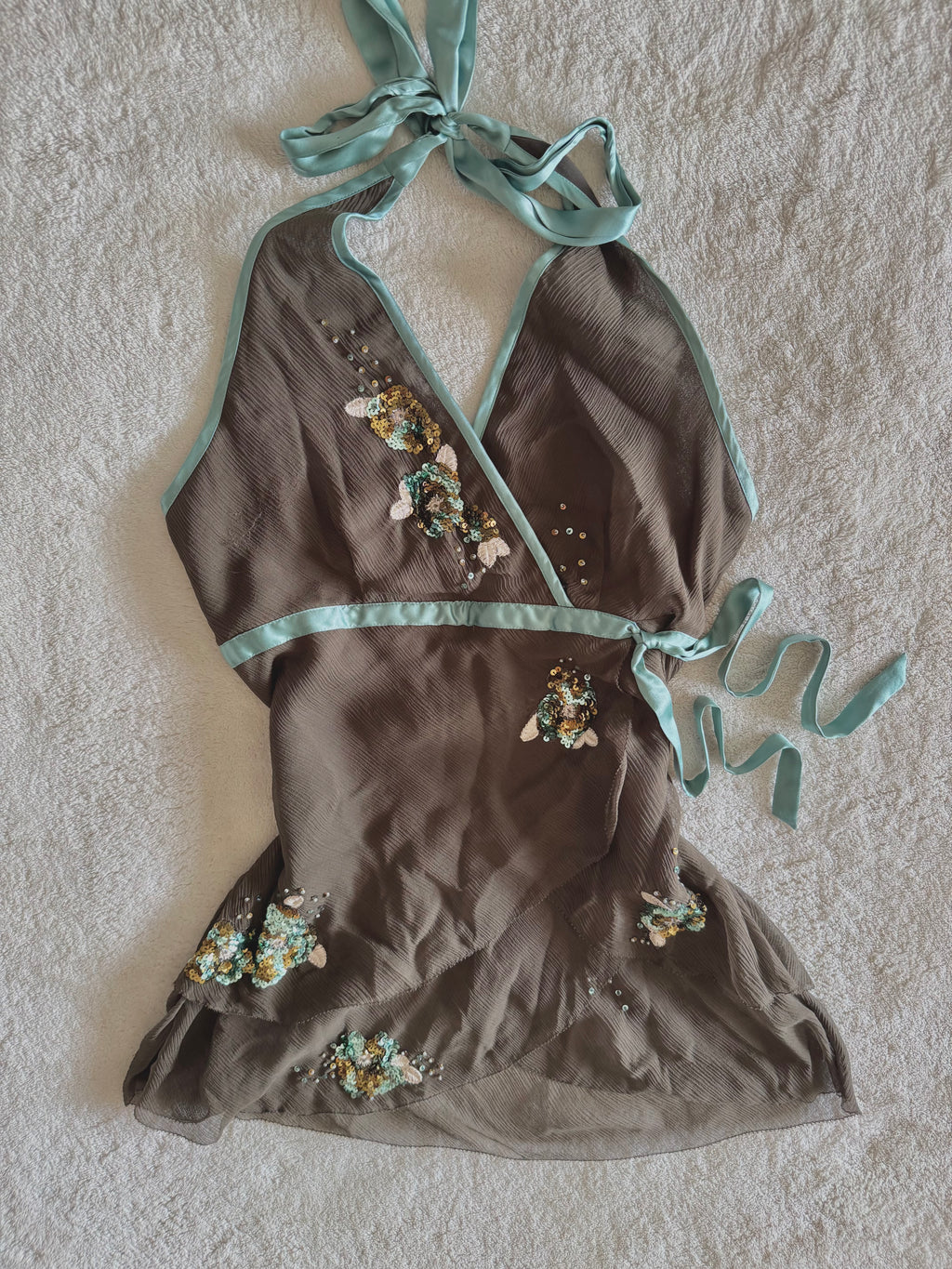 y2k vintage brown, turquoise silk asymmetric layered fairy halter cami top with sequins