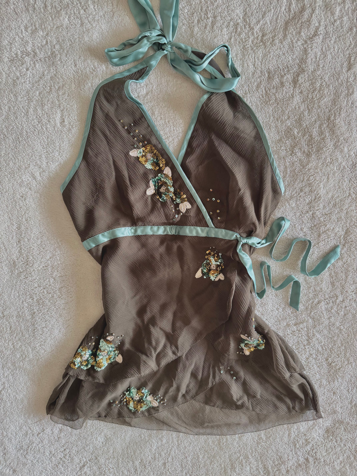 y2k vintage brown, turquoise silk asymmetric layered fairy halter cami top with sequins