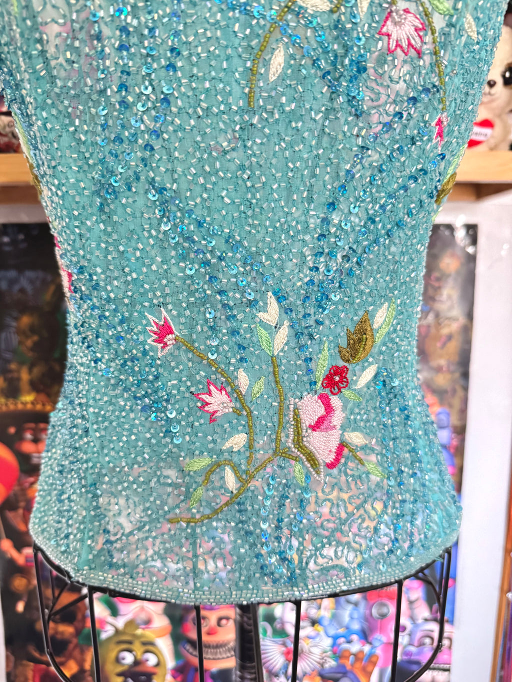 y2k vintage turquoise blue heavily beaded silk fitted vest top mermaid