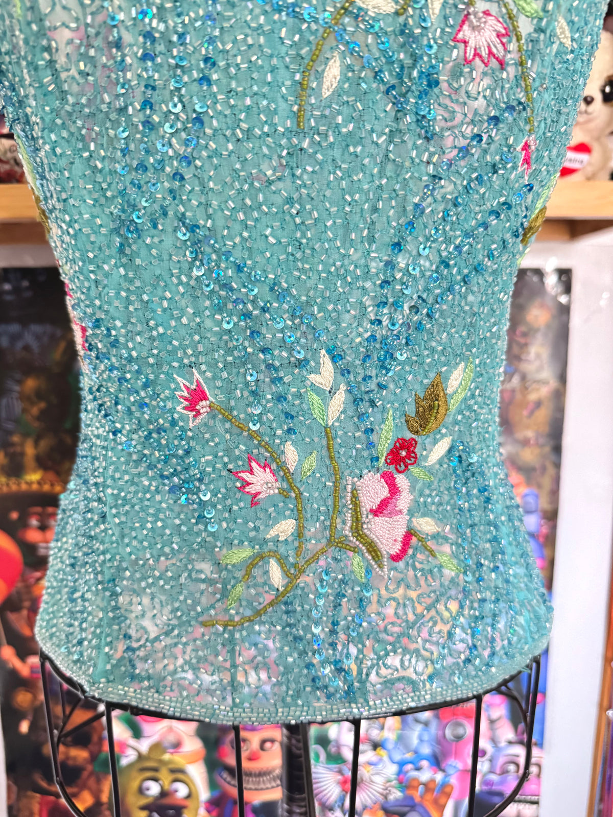 y2k vintage turquoise blue heavily beaded silk fitted vest top mermaid