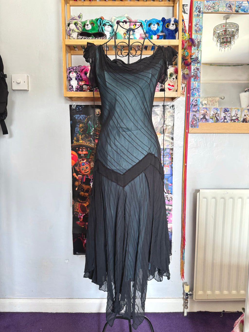 y2k vintage silk hanky fairy hem black maxi dress with blue underlay
