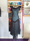 y2k vintage silk hanky fairy hem black maxi dress with blue underlay