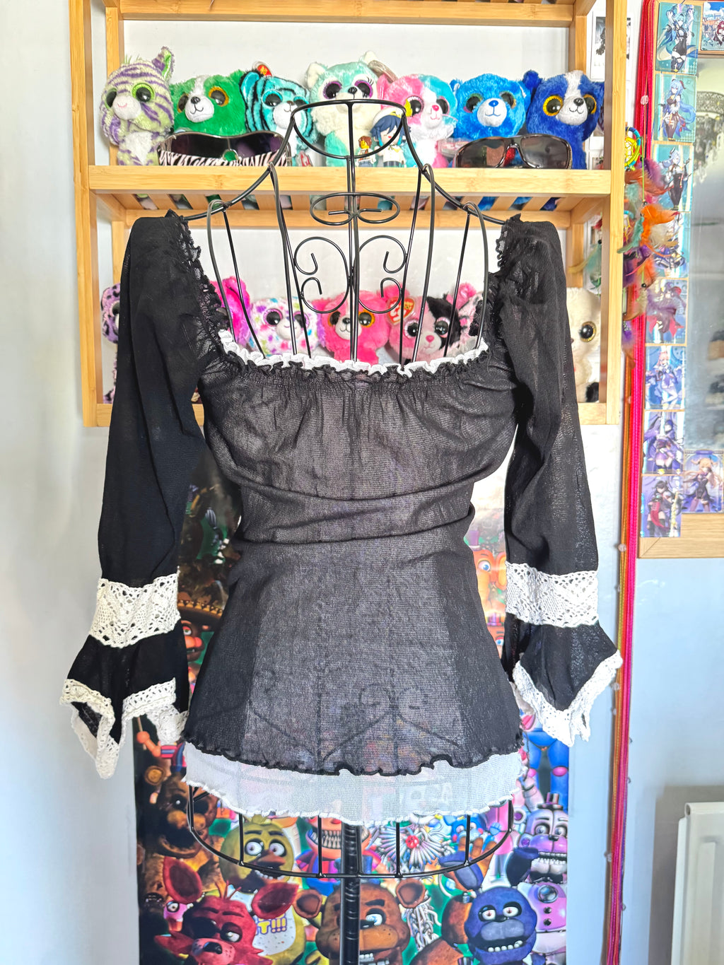 y2k vintage mesh layered lettuce hem milkmaid 3/4 length sleeve top