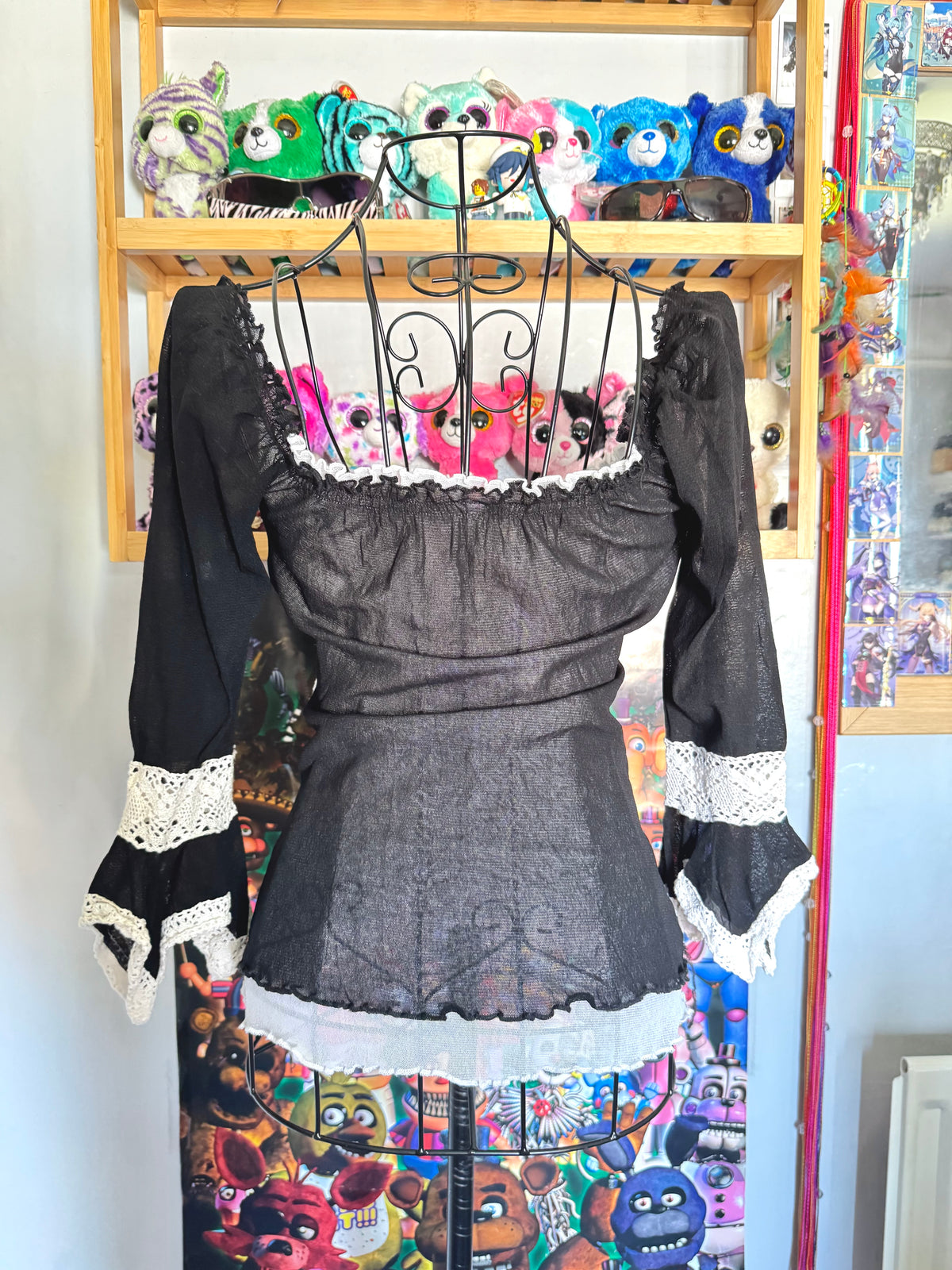 y2k vintage mesh layered lettuce hem milkmaid 3/4 length sleeve top