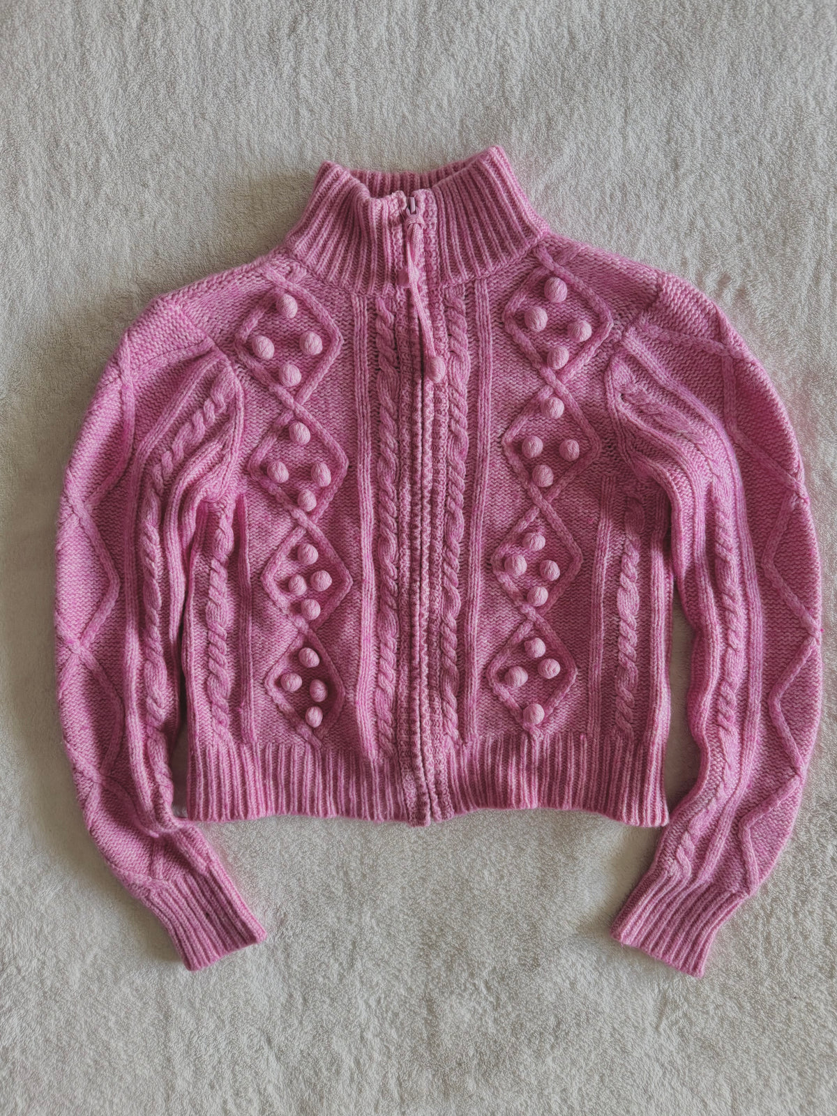 y2k vintage pink fitted cropped chunky cosy zip up jumper with bobbles