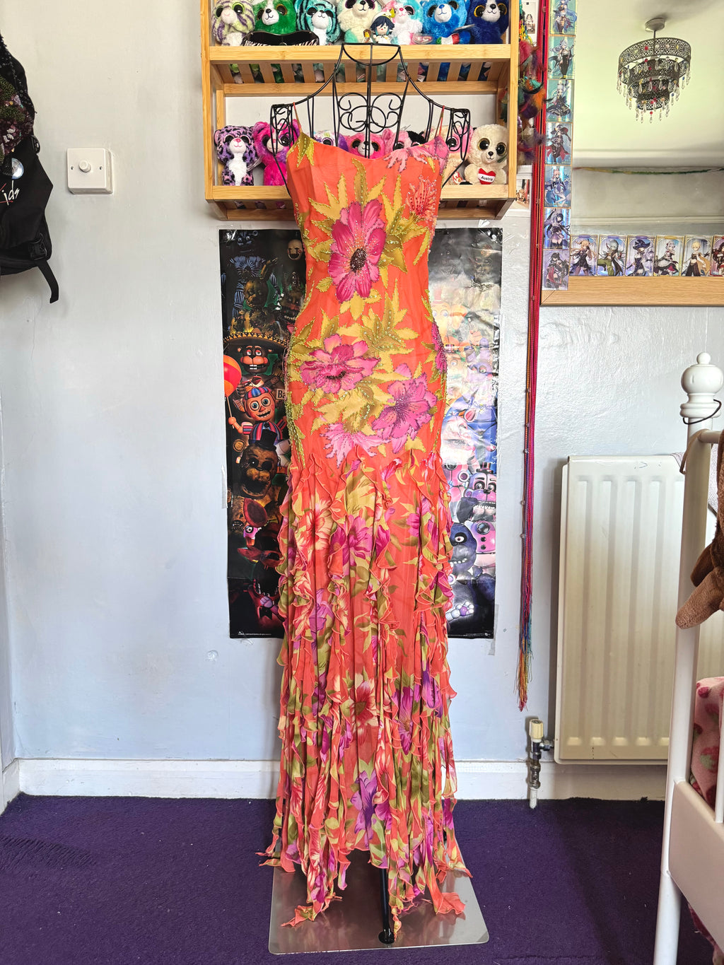 y2k vintage silk orange floral special occasion maxi dress with tassel hem