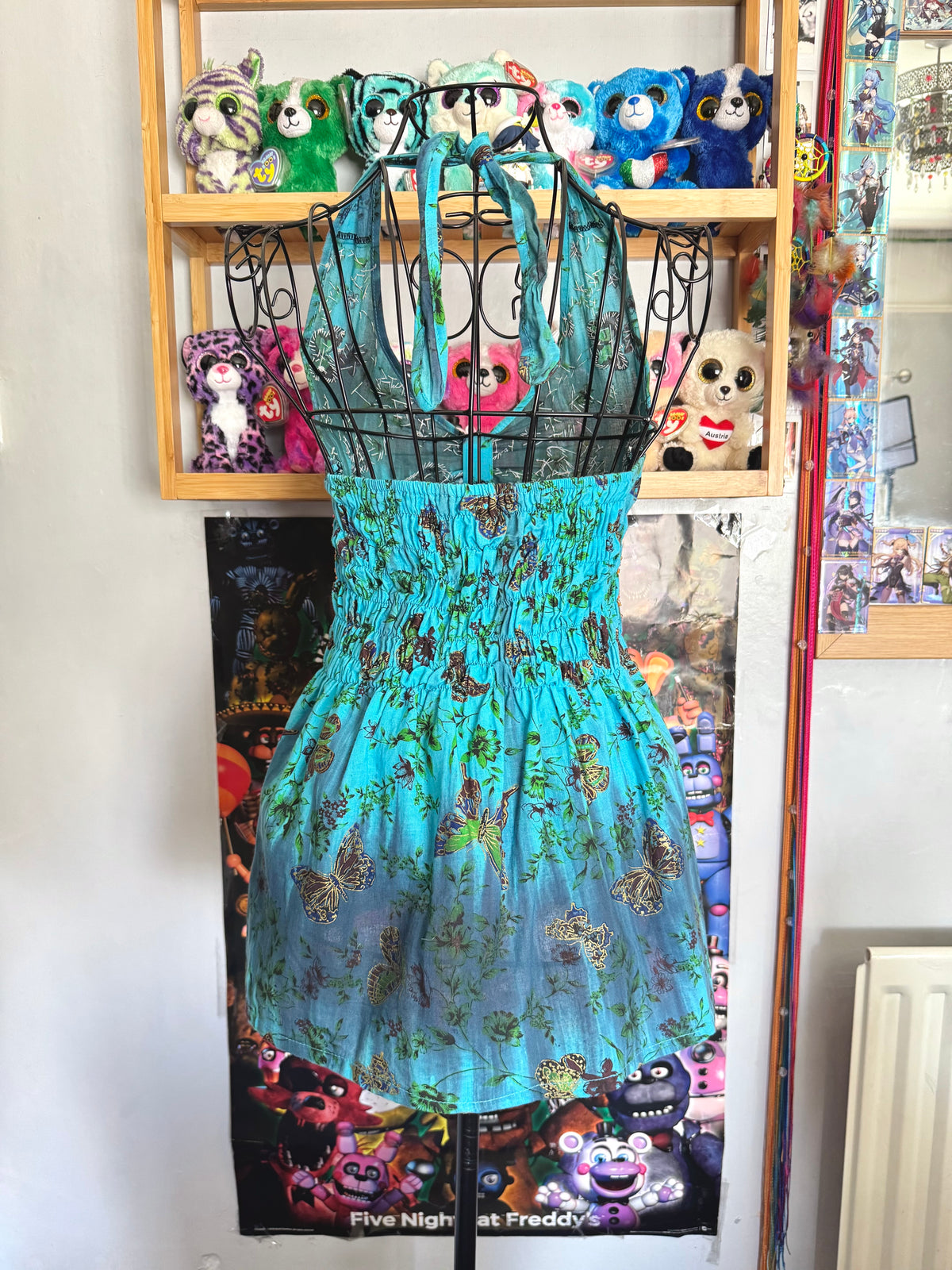 y2k vintage aqua and teal blue fitted beaded butterfly halterneck cami top