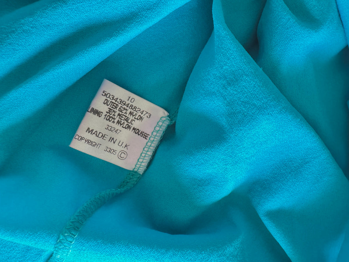 y2k vintage aqua blue shimmery tie back sequin mesh mini dress