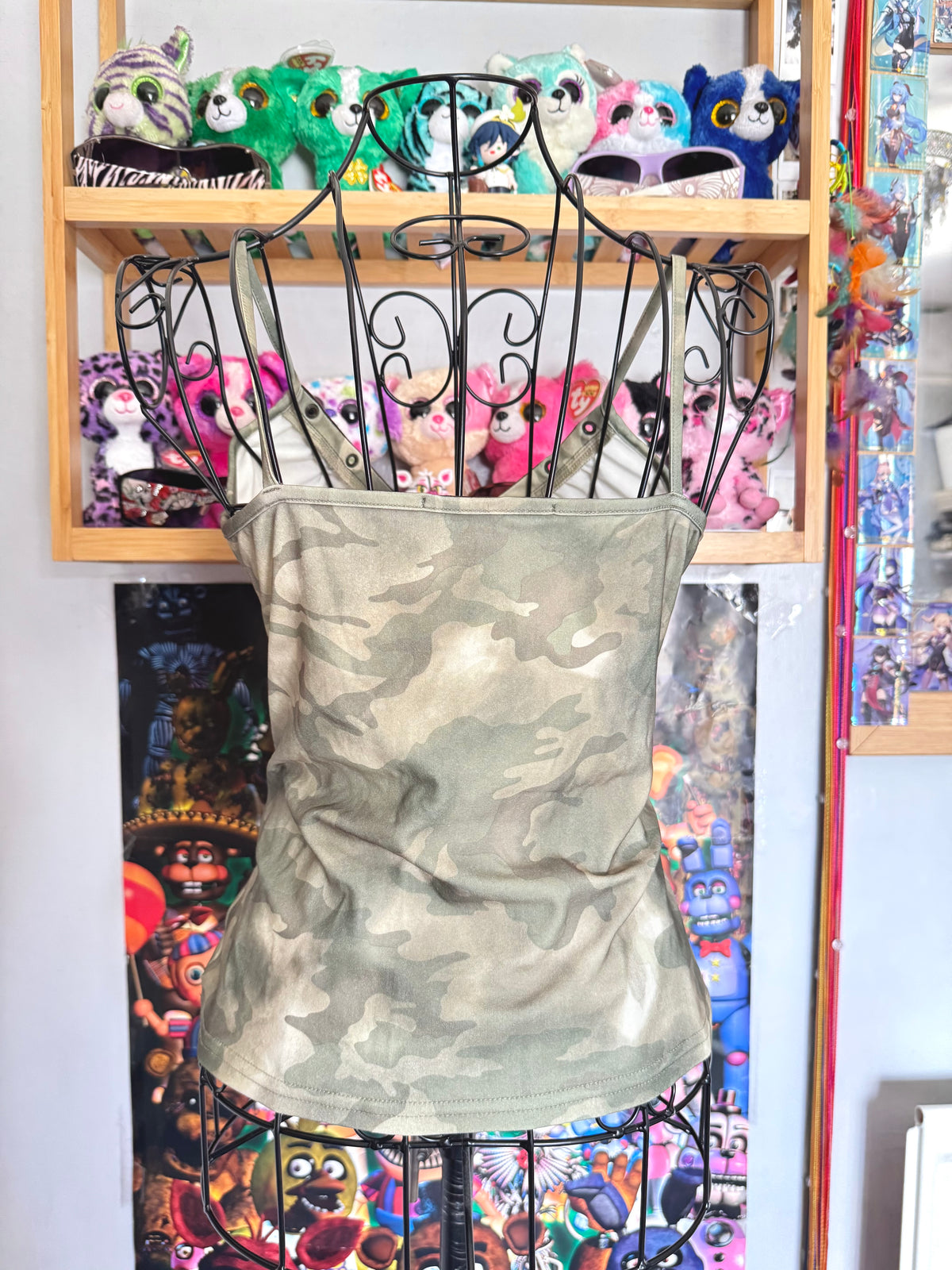 y2k vintage camouflage print green lace up ruched and fitted cami top with grommets