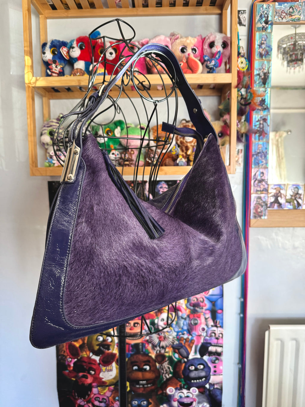 y2k pony hair violet purple slouchy boho handbag with real suede and leather