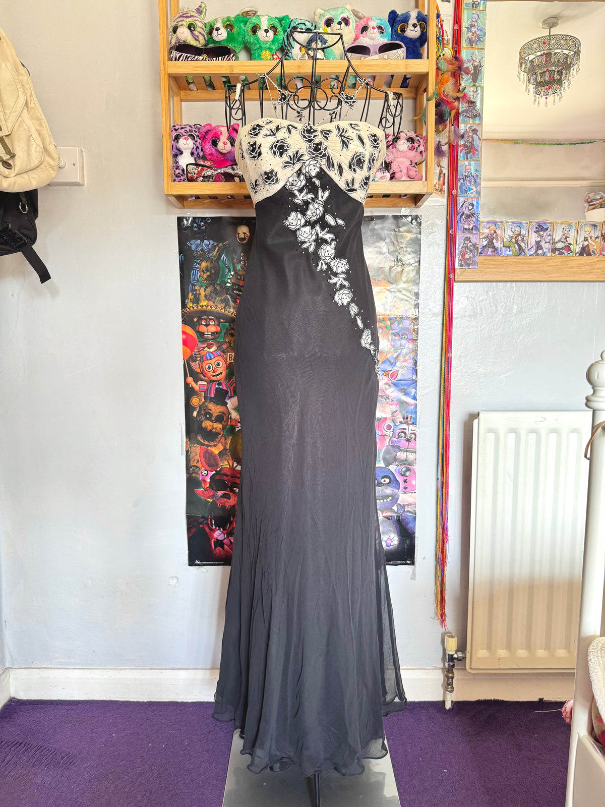 y2k vintage silk black and cream formal evening maxi dress with criss cross straps and beading
