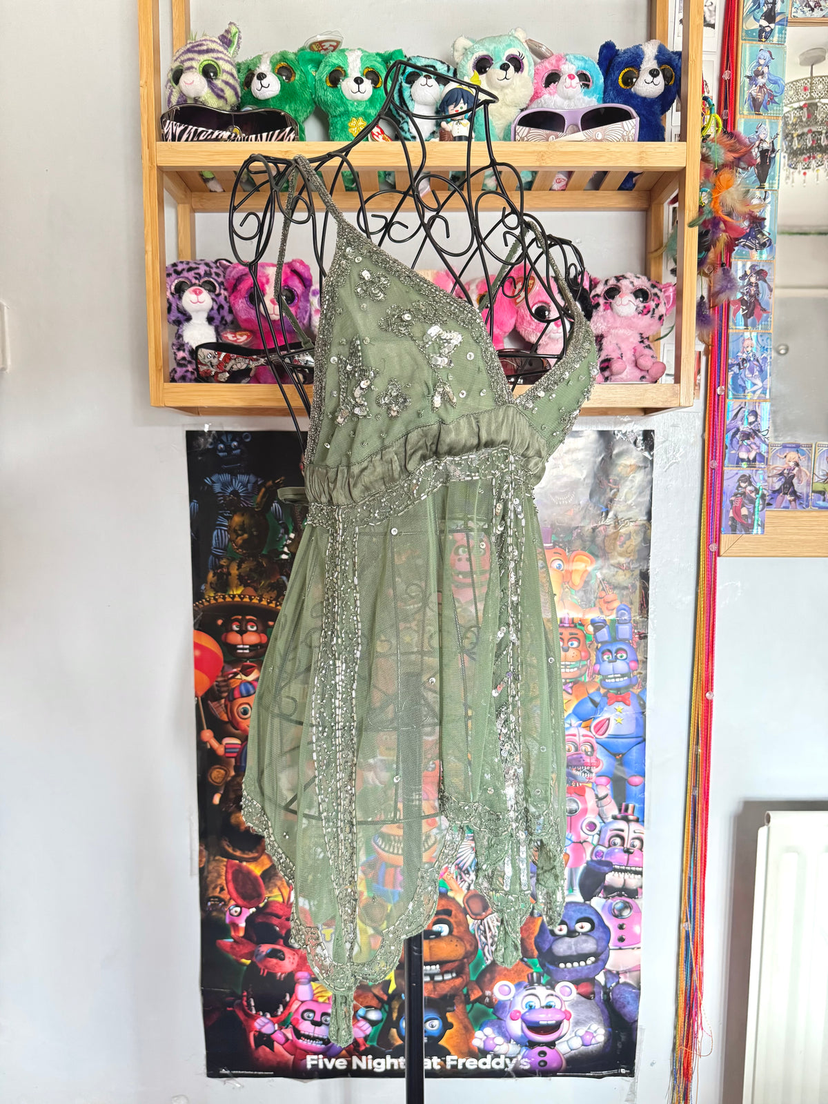 y2k vintage olive green sequin embellished tie back floaty fairycore cami top forest