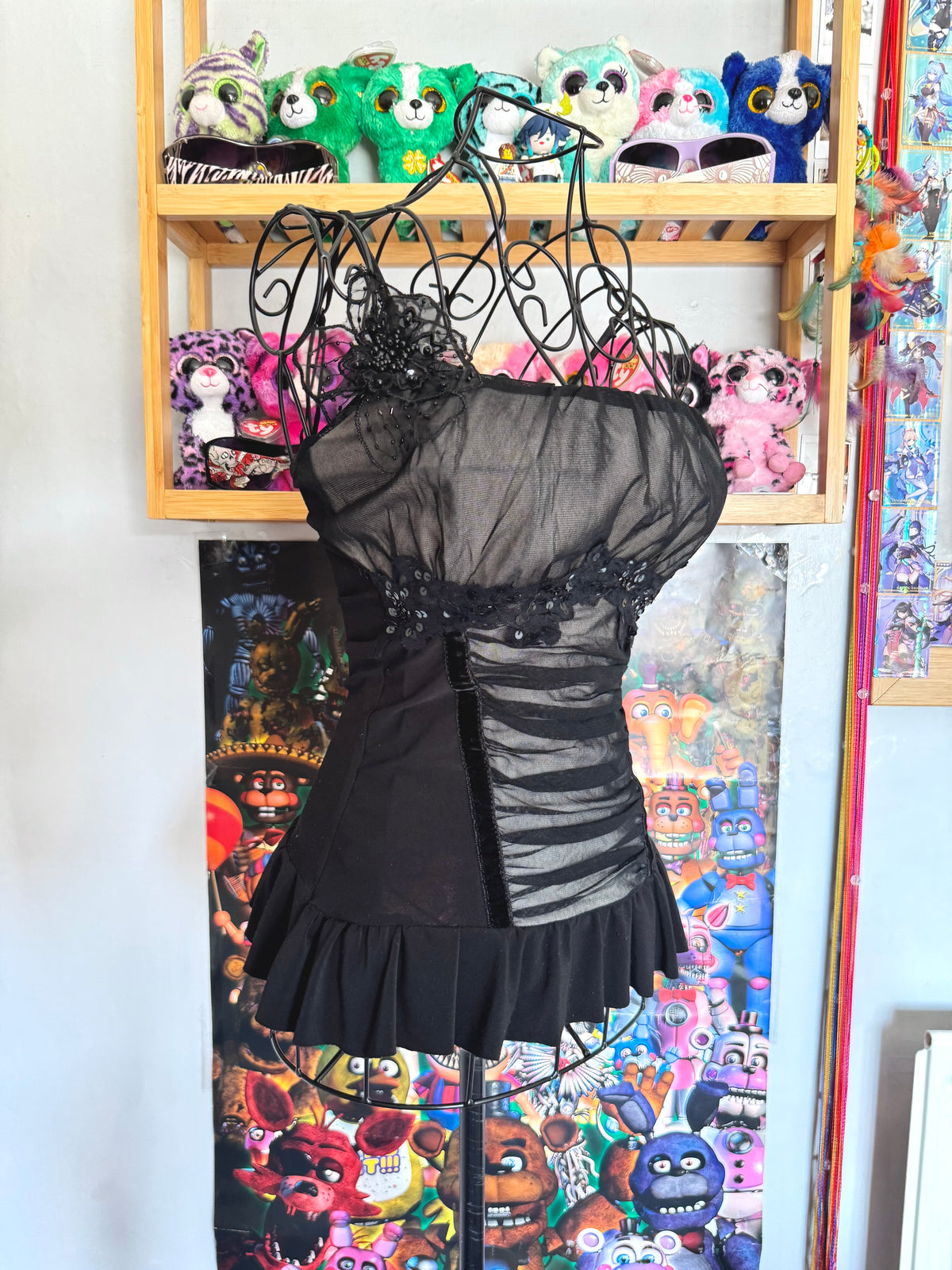 y2k vintage black mesh fitted cami top with ruffle hem and ruched milkmaid bust gothic
