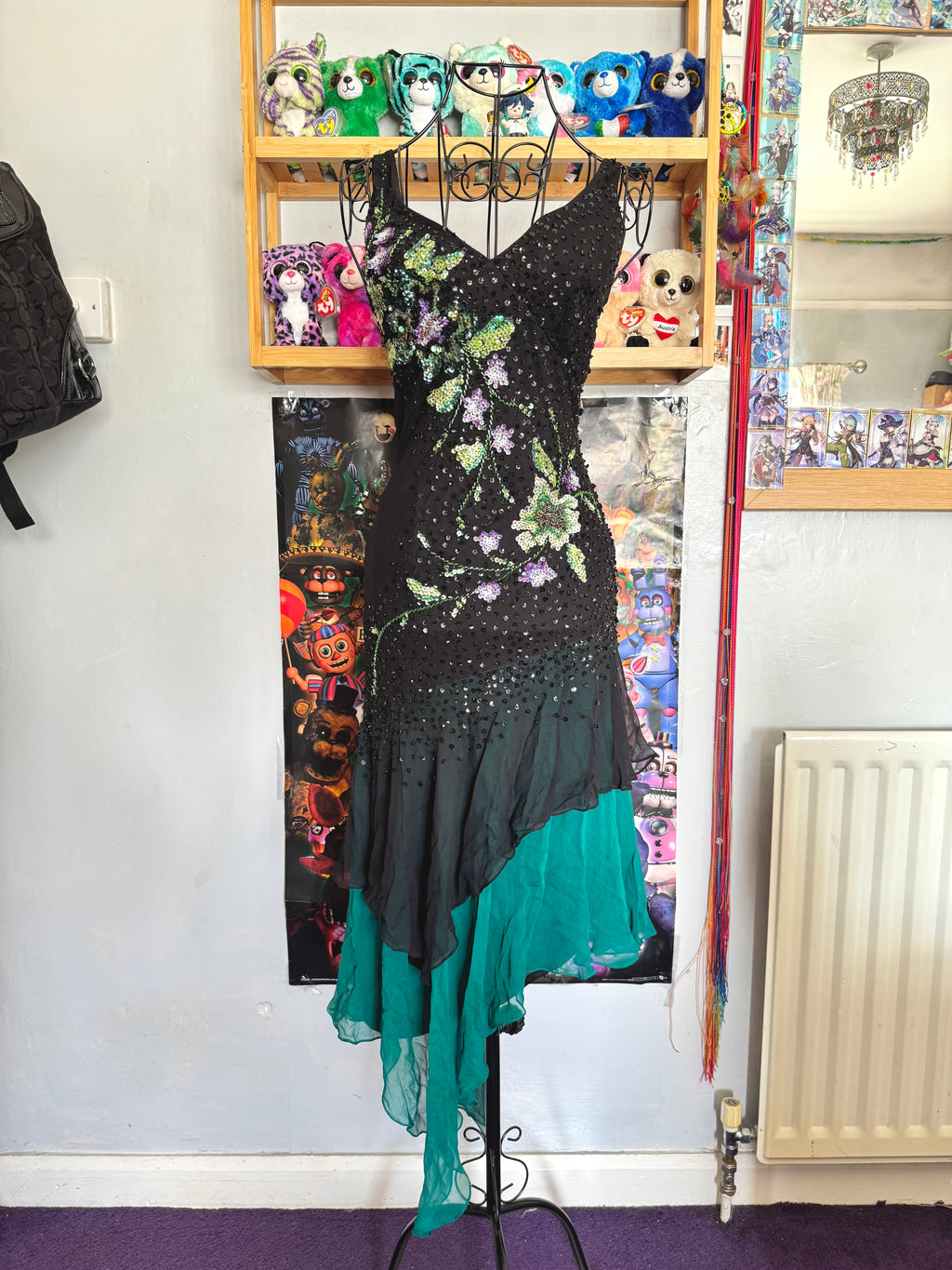 y2k vintage silk asymmetrical hem V-neck sequin embellished occasion dress