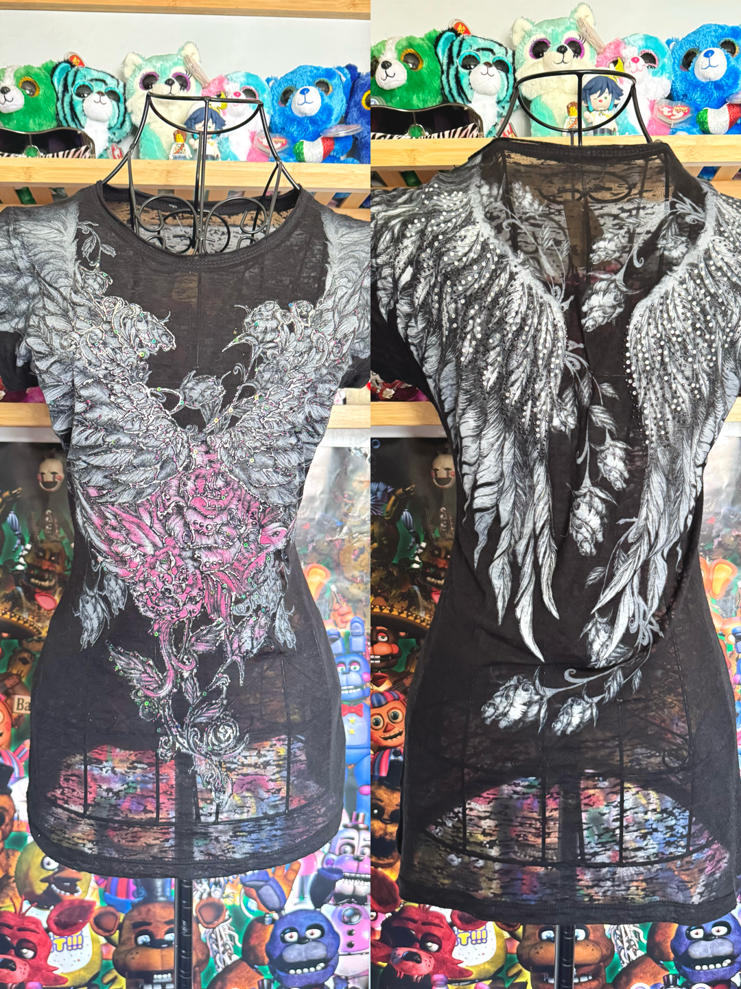 y2k vintage insane graphic angel wings print fitted sheer tee