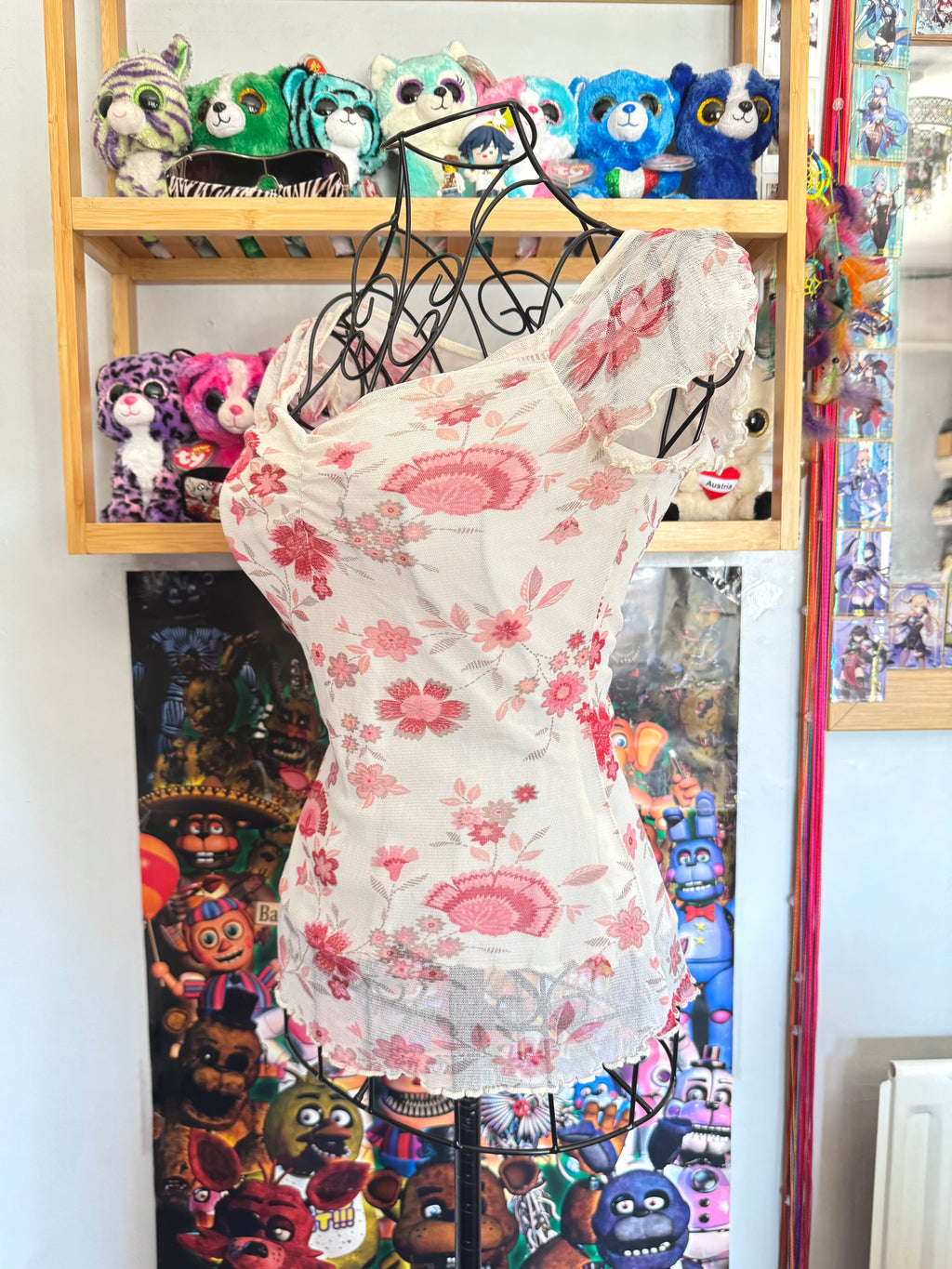 y2k vintage mesh floral print milkmaid style top with lettuce hem coquette