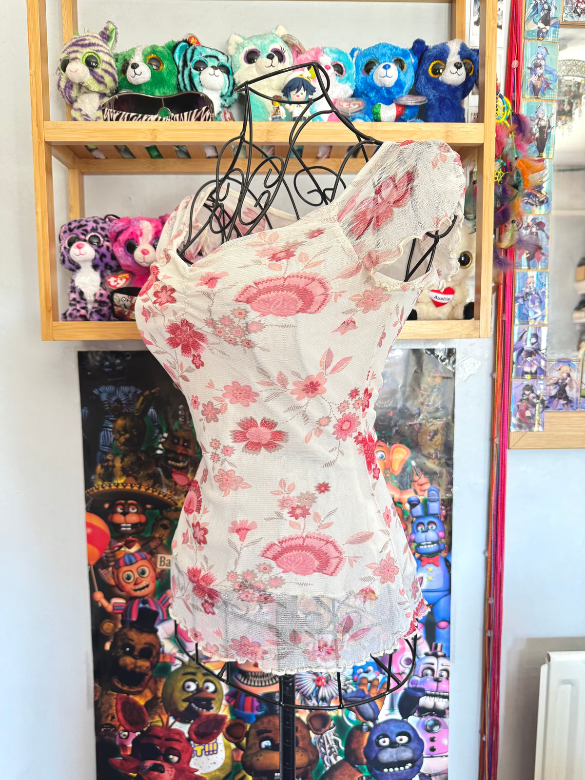 y2k vintage mesh floral print milkmaid style top with lettuce hem coquette