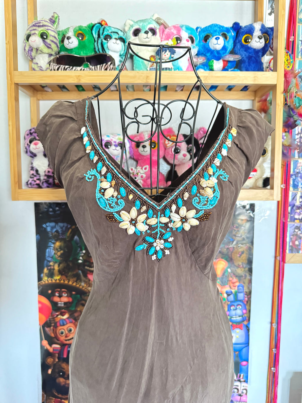 y2k vintage chocolate brown and turquoise blue silk fitted beaded shell midi dress