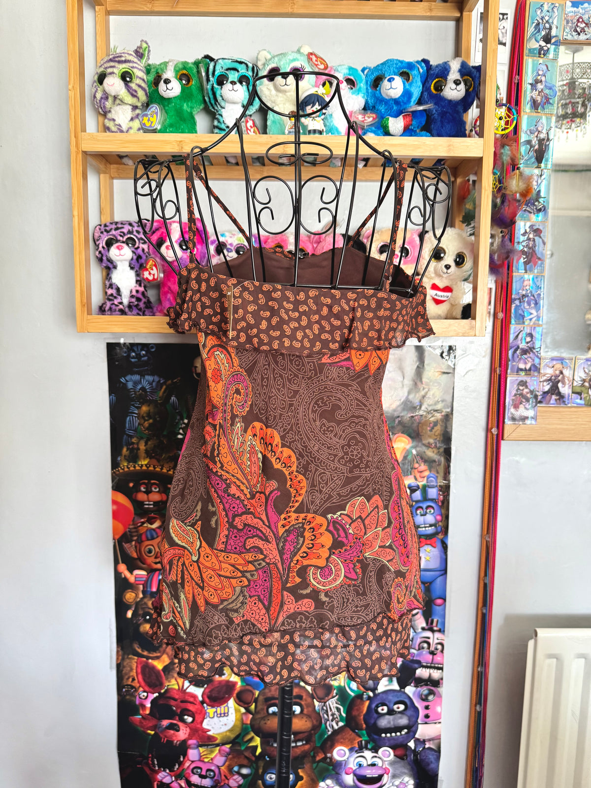 y2k vintage fitted brown and orange paisley print cami top