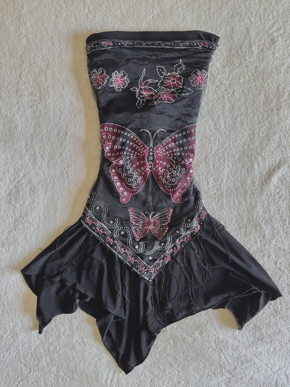 y2k vintage strapless fitted ruched asymmetrical fairy hem mini dress with butterfly mesh shawl