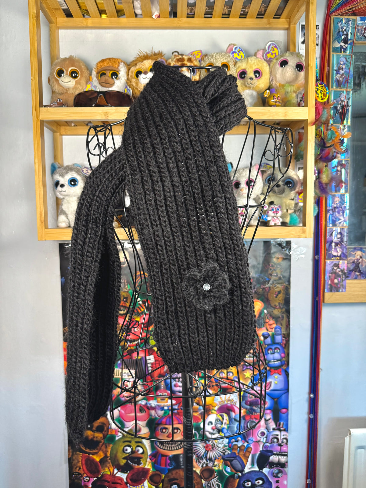 y2k vintage black knitted scarf with floral rhinestone detail