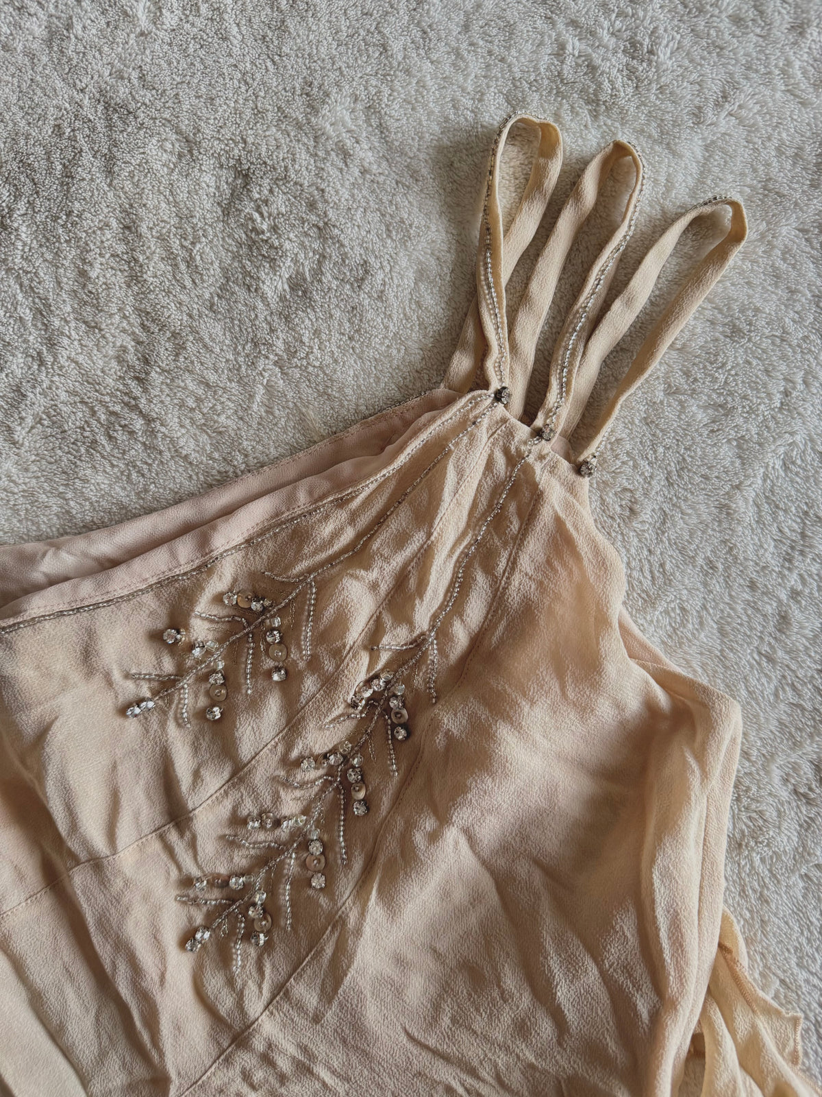 y2k vintage bnwt deadstock beige fitted layered silk cami top with feathering and sequins