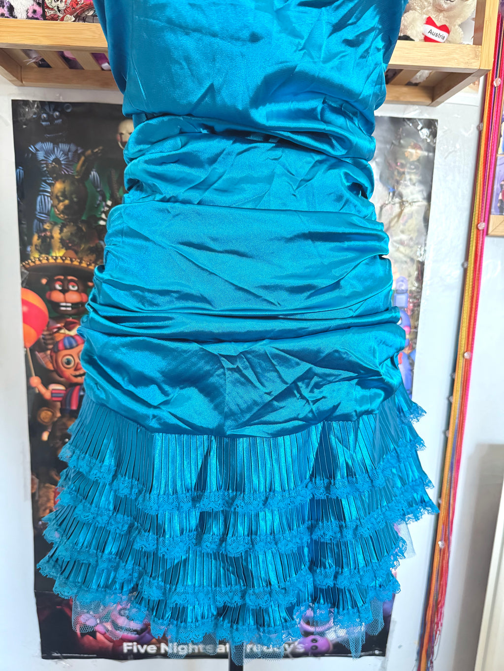 y2k vintage bnwt deadstock satin blue ruched strapless mini dress