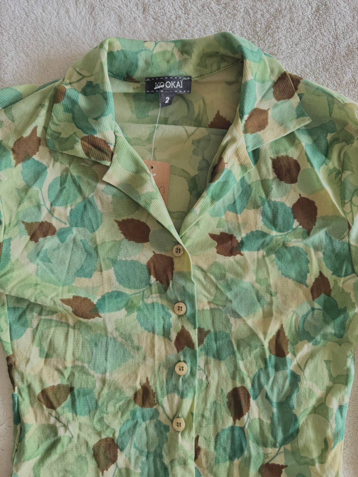 y2k vintage sheer mesh button up top with leaf print