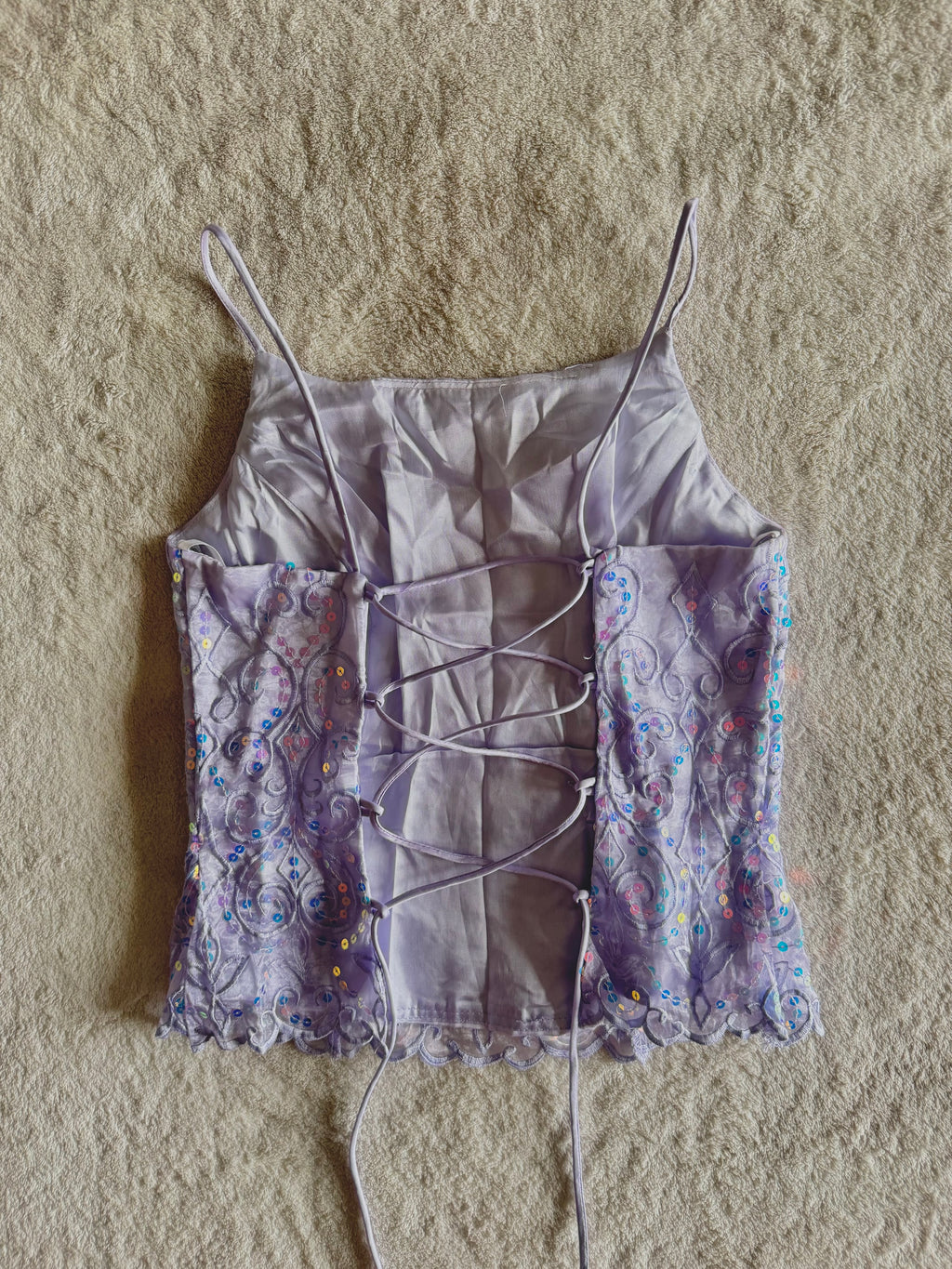 y2k vintage lilac purple lace back cropped and fitted corset top with sequins embellished