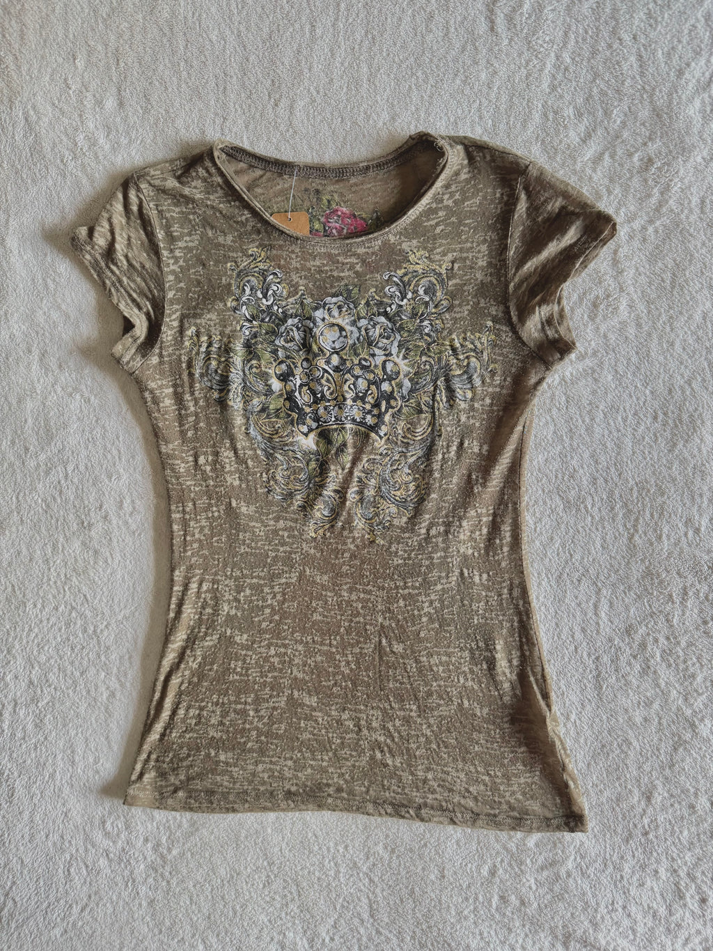 y2k vintage khaki green fitted sheer insane graphic top with crown, wings and rhinestones