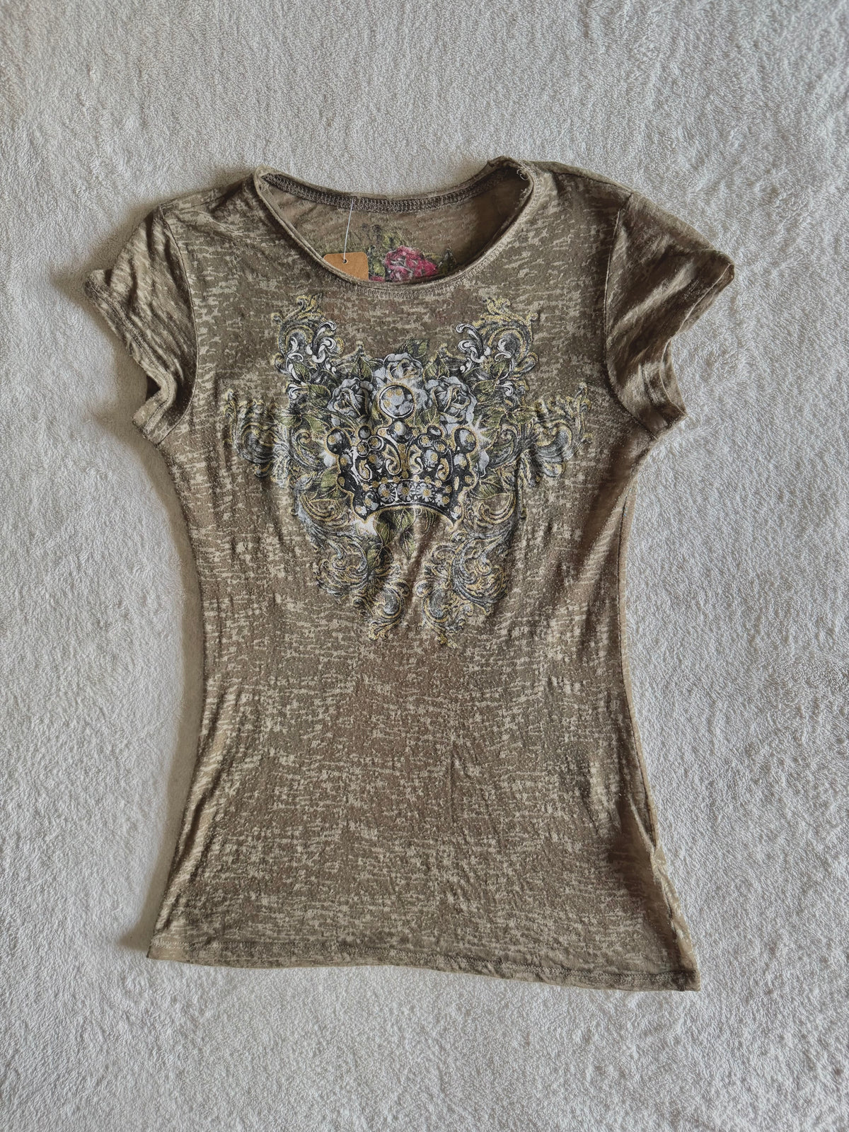 y2k vintage khaki green fitted sheer insane graphic top with crown, wings and rhinestones