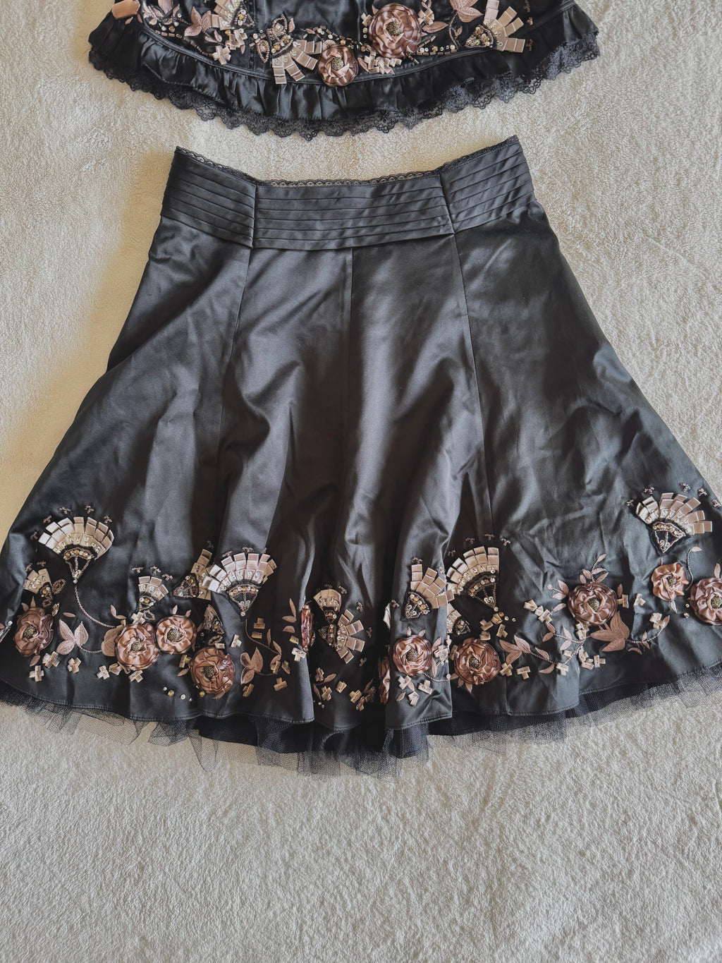 y2k vintage silk co-ord cami top and mini skirt with 3D blossoms embellished
