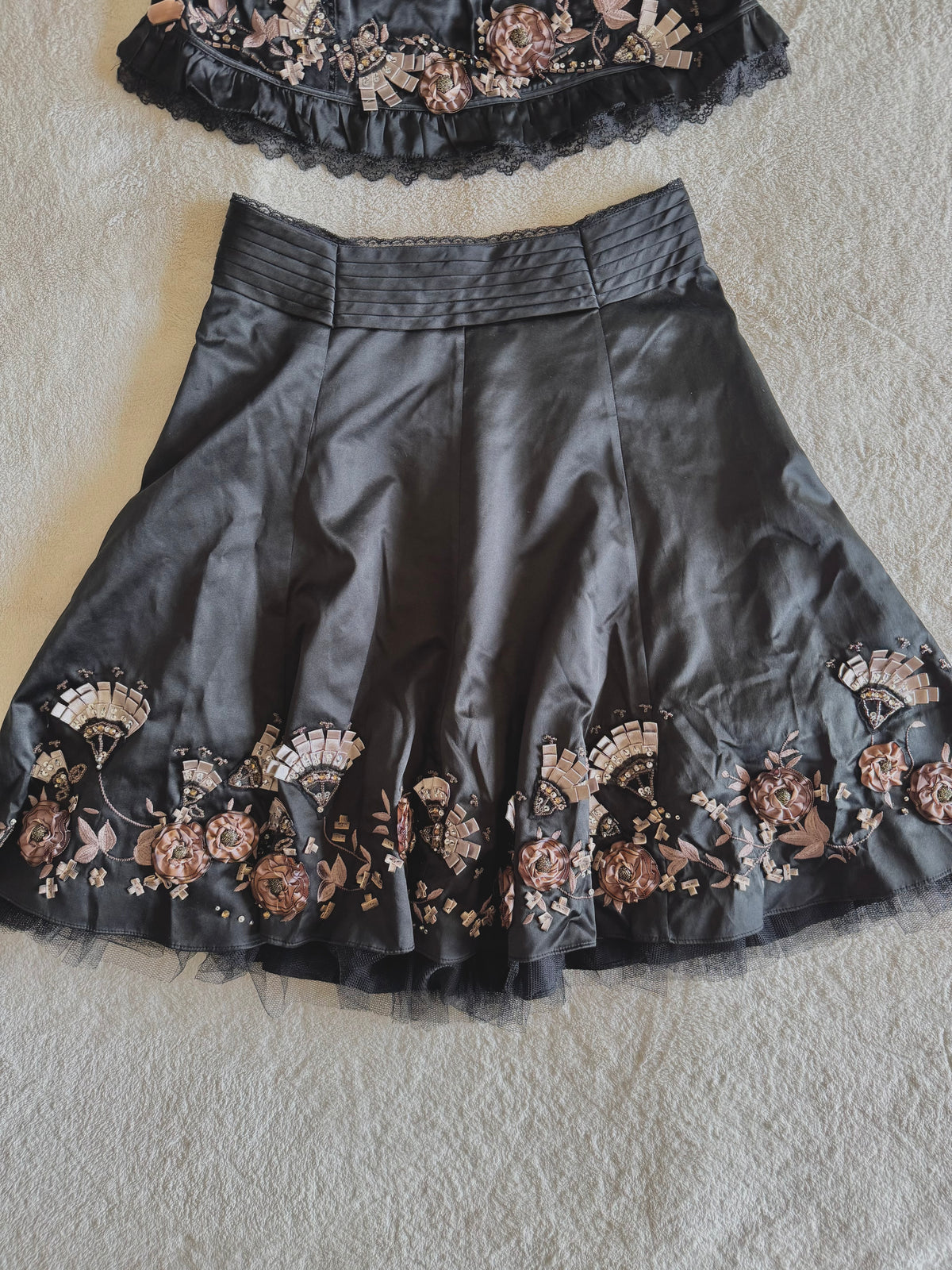 y2k vintage silk co-ord cami top and mini skirt with 3D blossoms embellished