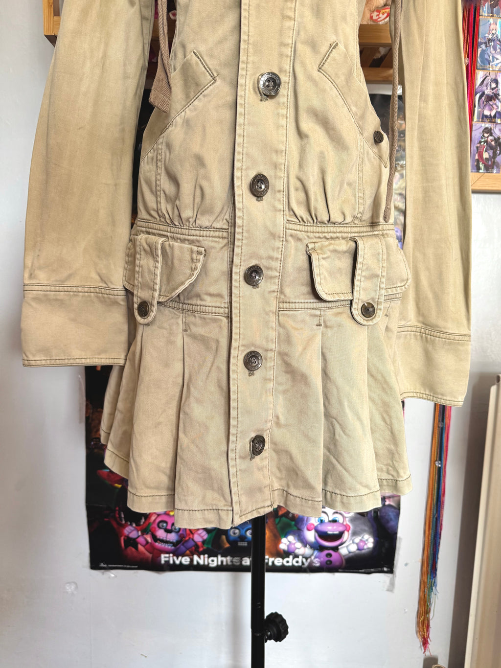 y2k vintage fitted button up archival hooded pleated trench coat archival drawstring
