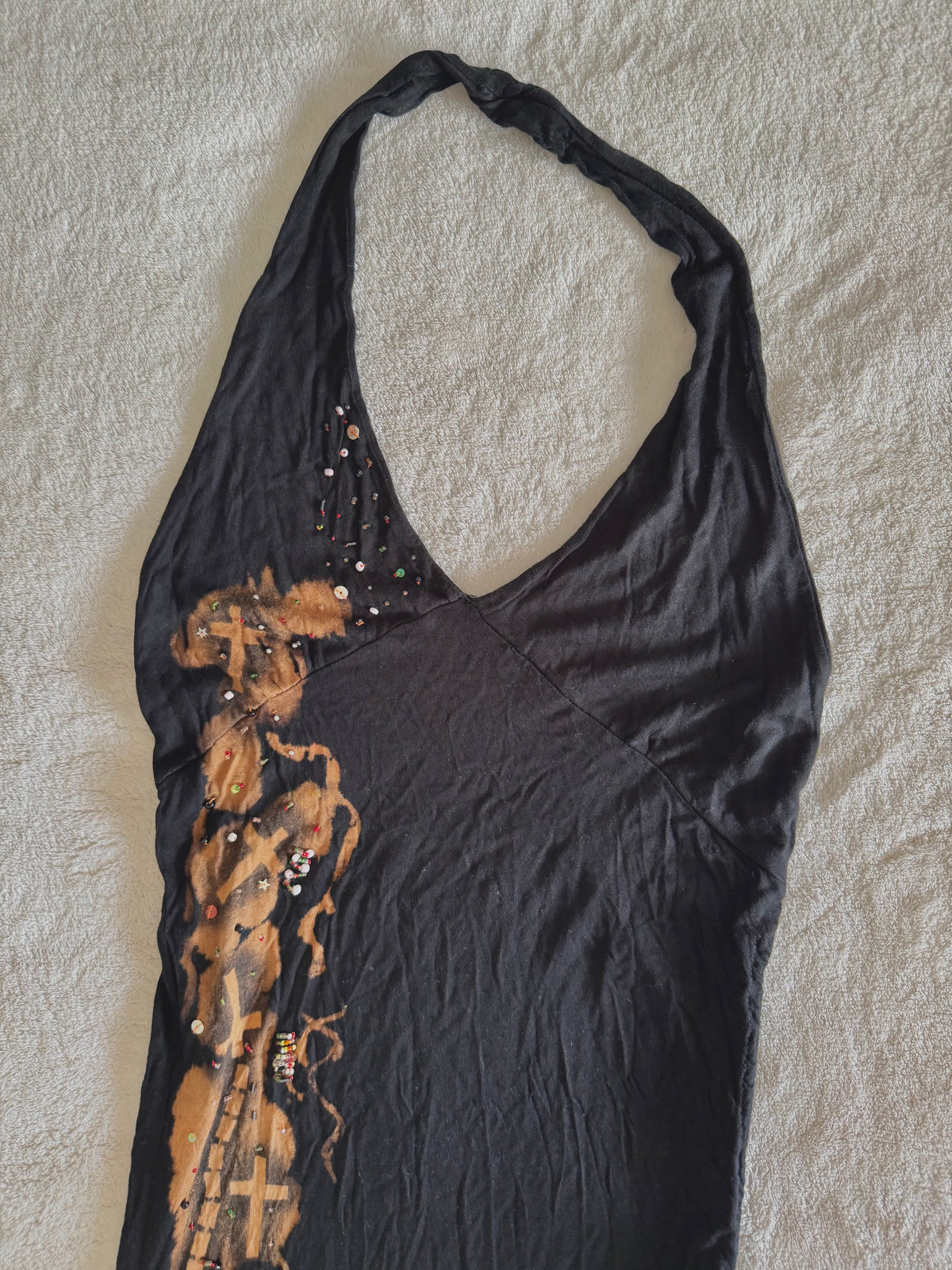 y2k vintage cotton and silk blend asymmetrical halterneck beaded dress