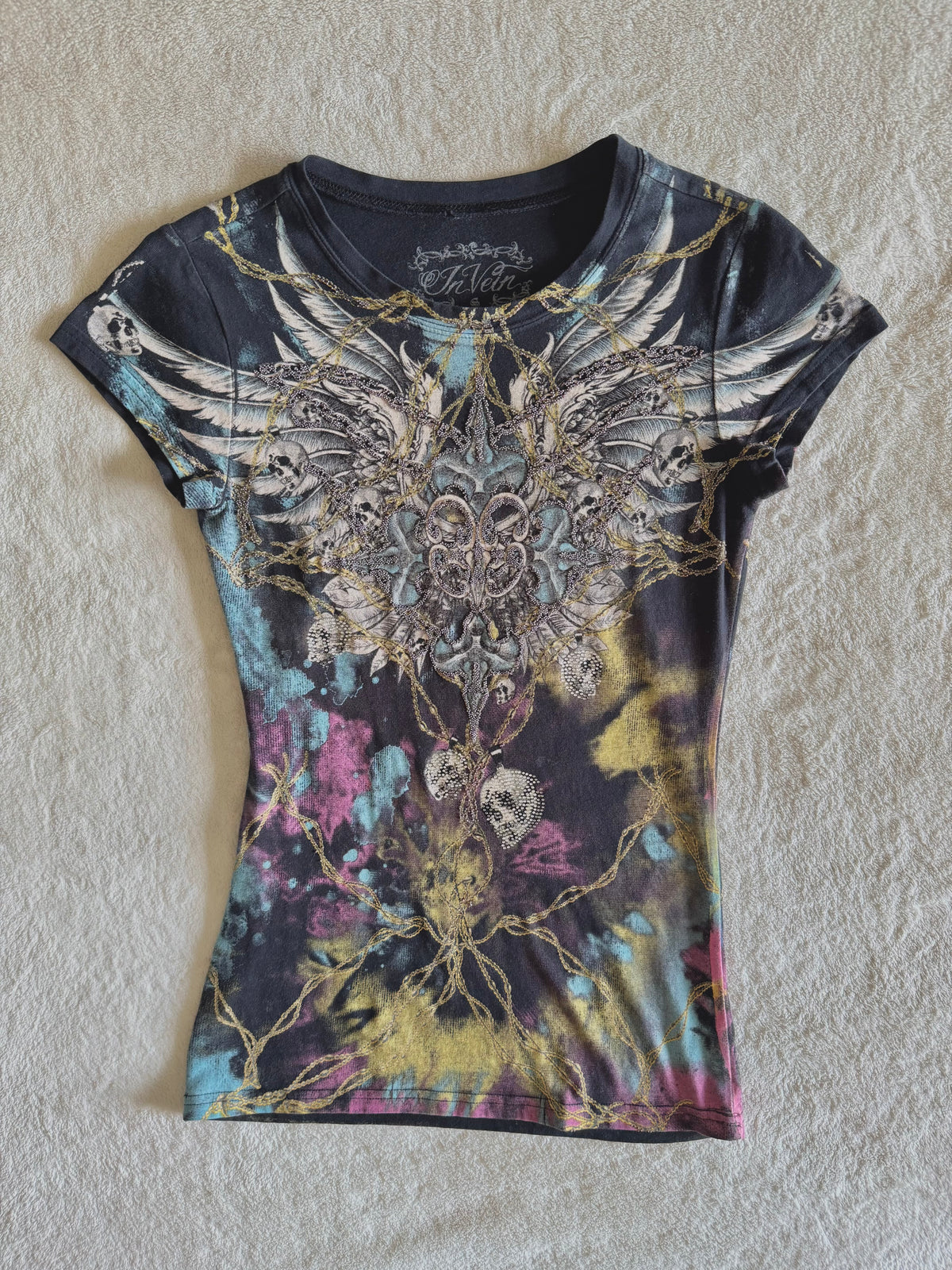 y2k vintage insane graphic tie die fitted beaded tshirt