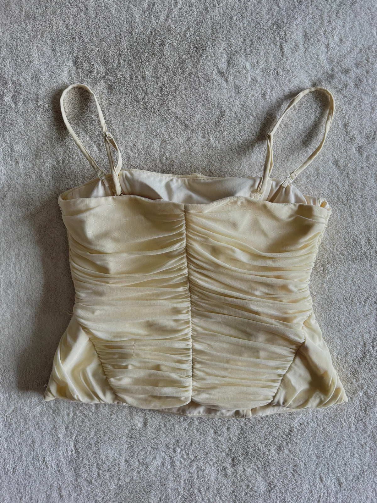 y2k vintage cream ruched boned and fitted corset top with sequins embellished