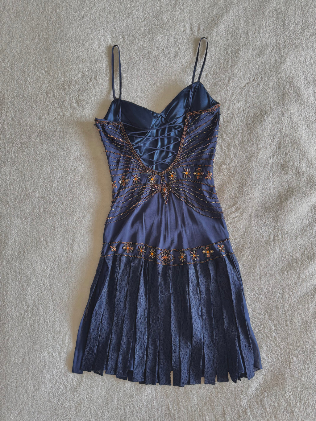 vintage 90’s royal navy blue silk dress gold and bronze beading embellishments astrology astronomy
