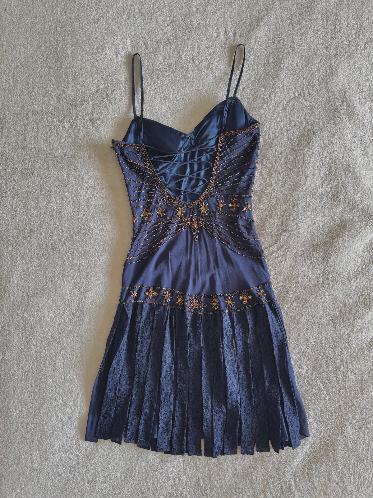 vintage 90’s royal navy blue silk dress gold and bronze beading embellishments astrology astronomy