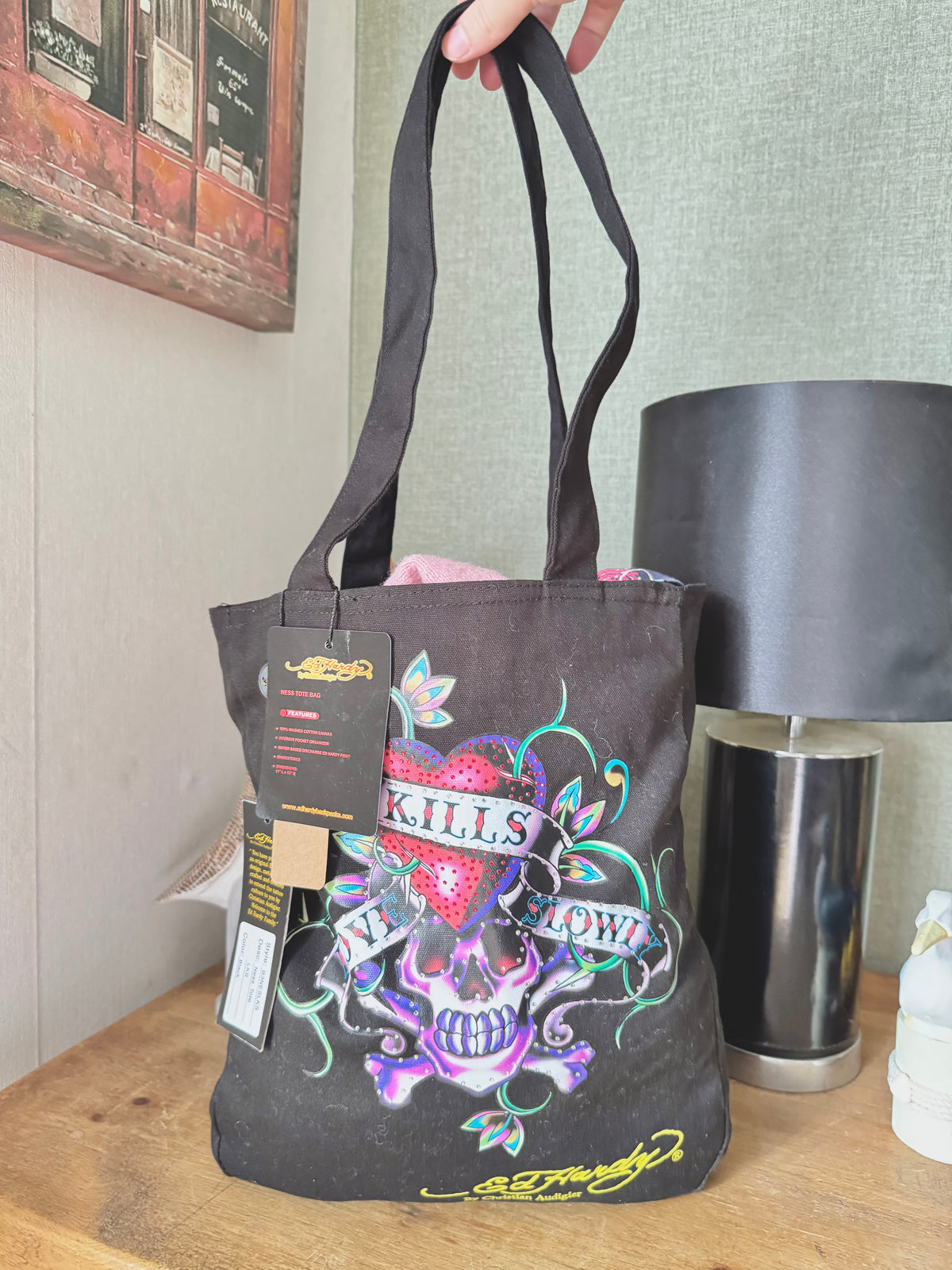 y2k deadstock bnwt graphic skull print Ed Hardy tote bag with rhinestones