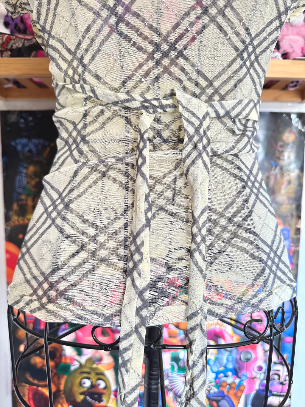 y2k vintage plaid print glittery tie back fitted blouse with built-in cami under