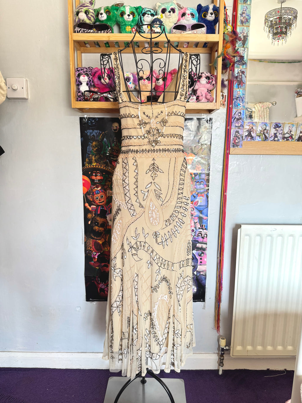 y2k vintage incredible heavily beaded beige midaxi dress 20’s gatsby style